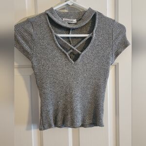 Gray Ribbed Cut-Out Blouse Cute Night Out Top